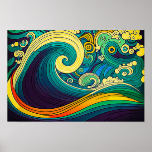 Poster Abstrait rétro coloré les années 70 hippie Waves A