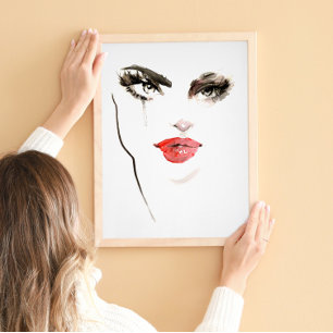 Poster Abstrait Rouge Aquarelle Noir moderne visage femme