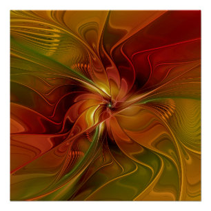 Poster Abstrait Rouge Orange Brown Vert Fractal Art Flowe