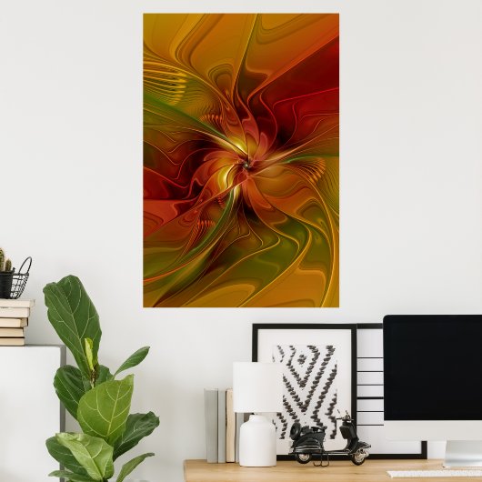 Poster Abstrait Rouge Orange Brown Vert Fractal Art Flowe (Bureau à domicile)