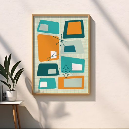 Poster Abstrait sarcelle orange aqua de l'ère atomique mi