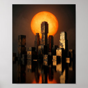 Poster Abstrait Soleil Orange Skyline Texturé Art