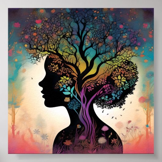 Poster Abstraite Dame Mère Nature Arbres Et Fleurs, (Devant)