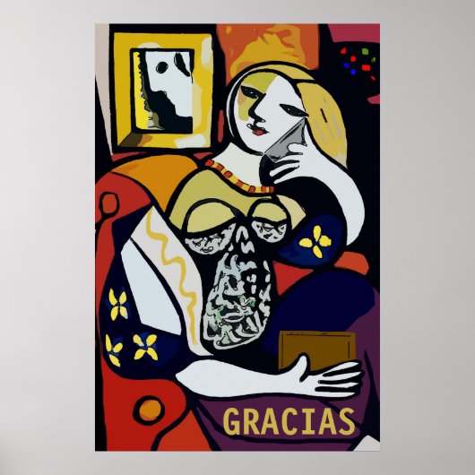 Poster Abstraite fille au téléphone, modifier le texte, G (Devant)