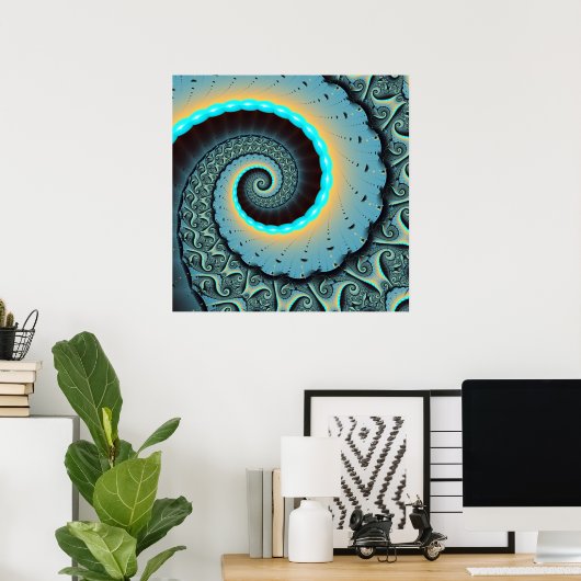 Poster Abstraite spirale d'art fractal bleu turquoise ora (Bureau à domicile)