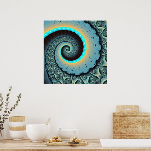Poster Abstraite spirale d'art fractal bleu turquoise ora (Cuisine)