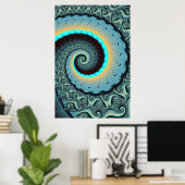 Poster Abstraite spirale d'art fractal bleu turquoise ora (Bureau à domicile)