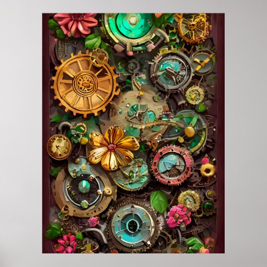 Poster Abstraits engrenages surréalistes Fleurs Steampunk (Devant)
