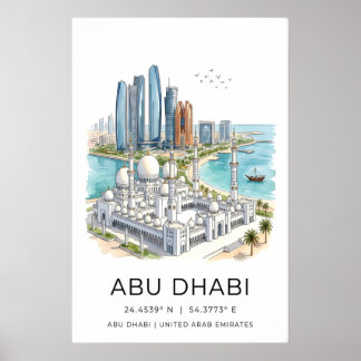 Poster Abu Dhabi Art Print Skyline with Grand Mosque and