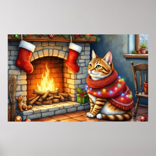 Poster Abyssinian Cat Sitting by Fireplace with Christmas (Devant)