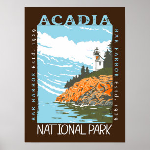 Poster Acadia National Park Bar Harbour Lighthouse Vintag