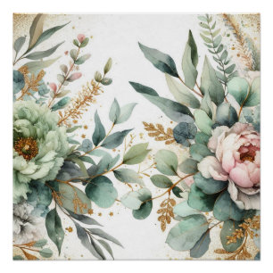 Poster Accents de peinture à l'aquarelle florale verte ro
