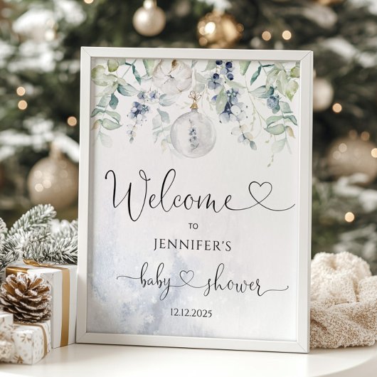 Poster Accueil baby shower bleu eucalyptus d'hiver