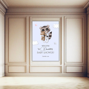 Poster Accueil Baby shower Bleu pour garçon doux Raccoon