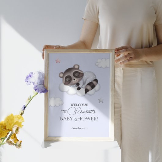 Poster Accueil Baby shower Bleu pour garçon doux Raccoon