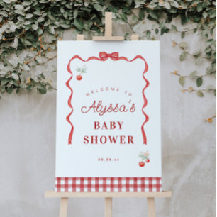 Poster Accueil Baby shower cerise et ruban rouge