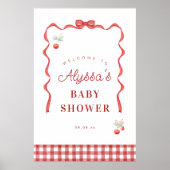 Poster Accueil Baby shower cerise et ruban rouge (Devant)