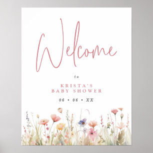 Poster Accueil Baby shower de fleurs sauvages roses et po
