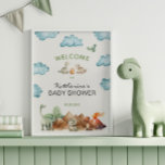 Poster Accueil Baby shower Dinosaur Hatching Bientôt<br><div class="desc">Baby shower thématique Dinosaur signe de bienvenue.</div>