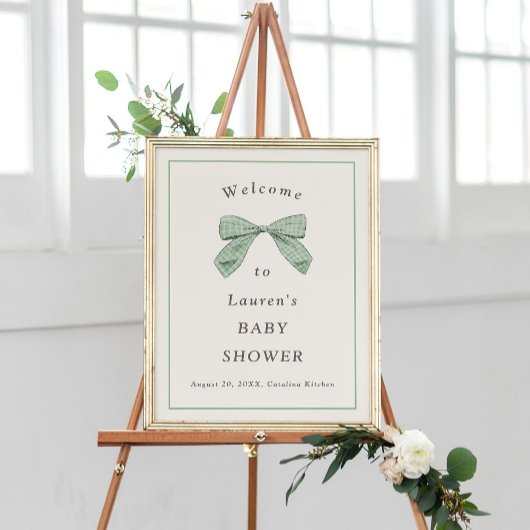 Poster Accueil Baby shower élégant avec Bow Plaid Sage Lé
