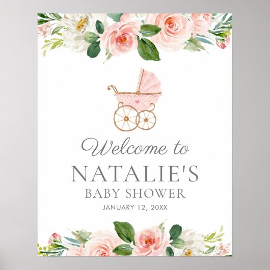 Poster Accueil Baby shower Fille Rose Floral (Devant)