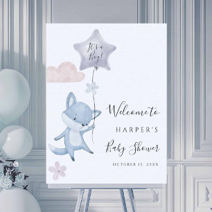Poster Accueil Baby Shower Garçon Renard Mignon en Ballon