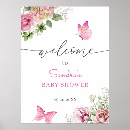 Poster Accueil Baby shower papillon aquarelle (Devant)