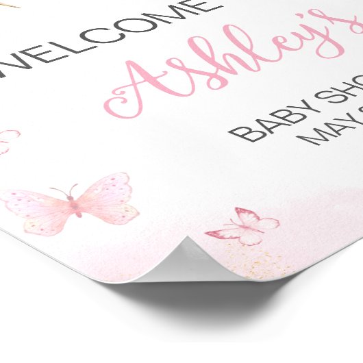 Poster Accueil Baby shower papillon rose (Coin)