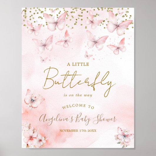 Poster Accueil Baby shower papillon rose (Devant)