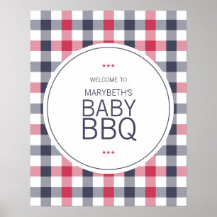 Poster Accueil Baby shower préppy rouge blanc et bleu pla