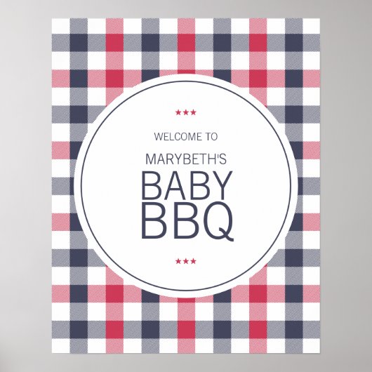 Poster Accueil Baby shower préppy rouge blanc et bleu pla (Devant)