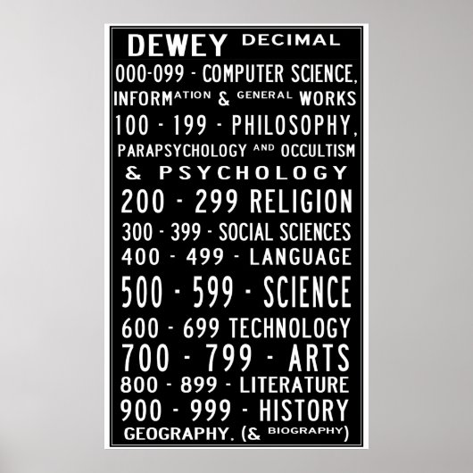 Poster Accueil Bibliothèque Dewey Nombre décimal Busroll (Devant)