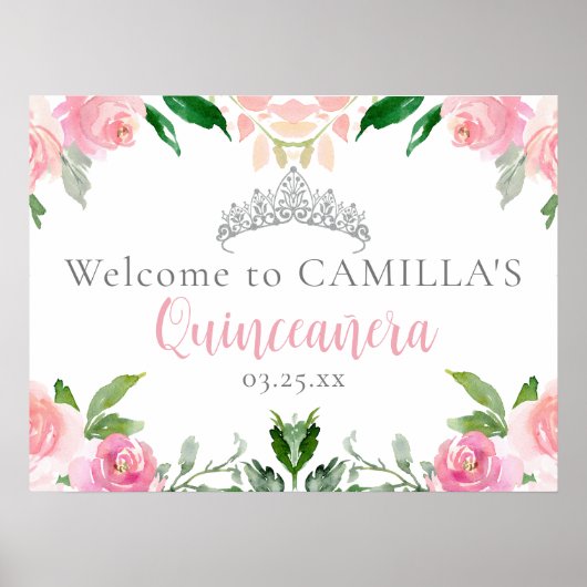 Poster Accueil Chic Pink Floral Quinceañera (Devant)