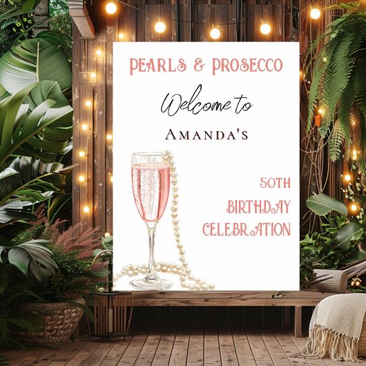 Poster Accueil d'anniversaire rose perles et Prosecco