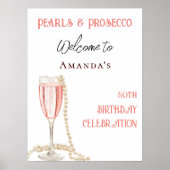 Poster Accueil d'anniversaire rose perles et Prosecco (Devant)