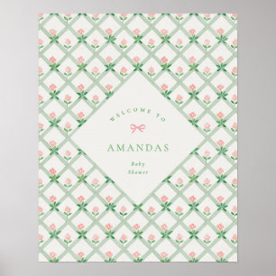 Poster accueil de fête de bébé à ruban rose floral cottag