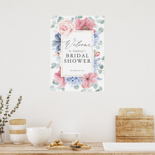 Poster Accueil de Fête de Fiançailles Fleurie Bleu Poussi (Cuisine)