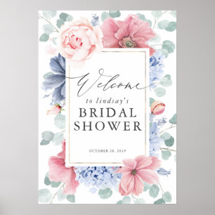 Poster Accueil de la douche de mariée florale bleu et ros