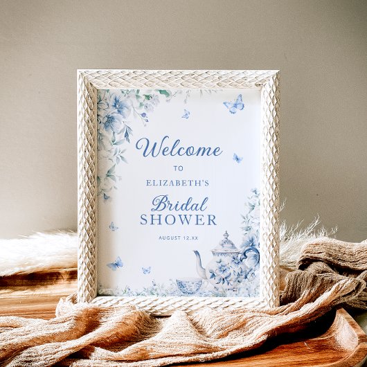 Poster Accueil de la Fête des mariées Florale Bleu Dusty