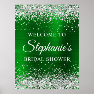Poster Accueil de mariage pailleté argent vert feuille mé