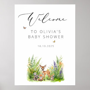 Poster Accueil du Baby shower Animaux forestiers enchanté