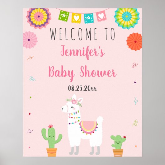 Poster Accueil du Baby shower Cute Llama Fiesta (Devant)