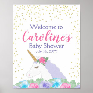 Poster Accueil du Baby shower rose et or Unicorn