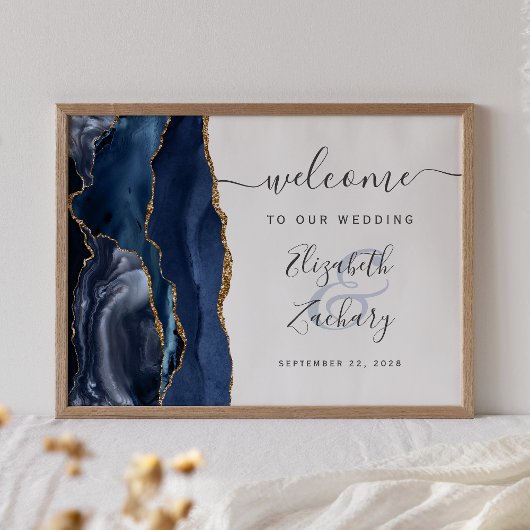 Poster Accueil du Mariage Agate Navy Blue Gold Script