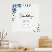 Poster Accueil du Mariage botanique bleu Dusty (Cuisine)
