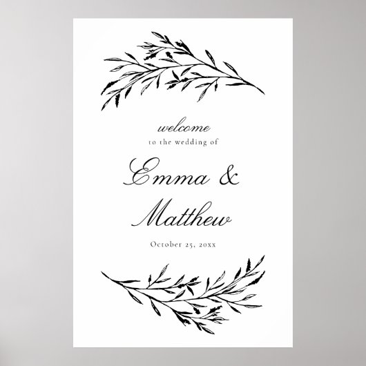 Poster Accueil du Mariage Meadow de style noir et blanc (Devant)
