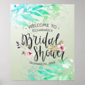 Poster Accueil élégant de mariage avec feuilles aquarelle (Devant)