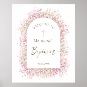 Poster Accueil fleuri rose Baptême