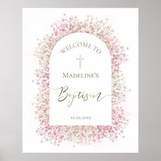 Poster Accueil fleuri rose Baptême (Devant)