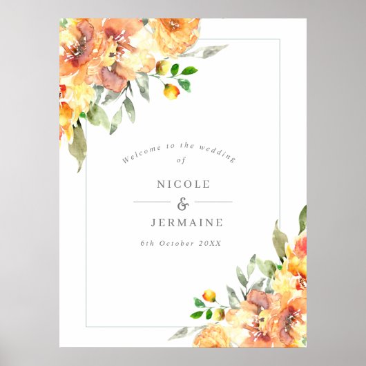 Poster Accueil Mariage de automne Orange Fleurs (Devant)
